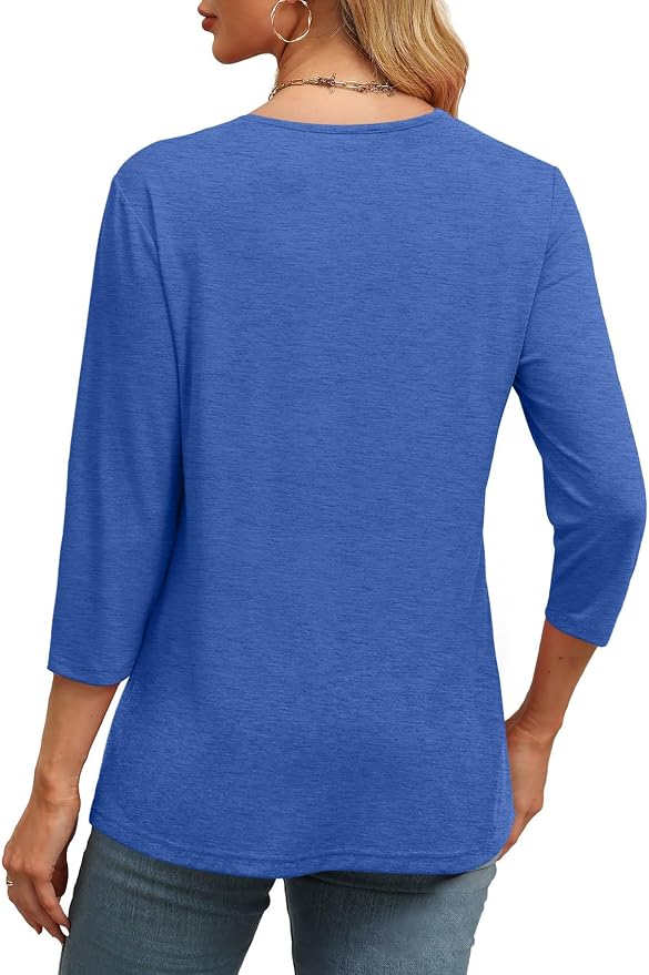 WIHOLL Womens Tops 3/4 Length Sleeve V Neck Casual Tunic Tops Basic Shirts Loose Fit Blouse
