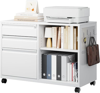 Letaya Mobile 3 Drawer File Cabinet with Lock-Metal Lateral Rolling Printer Stand Filing Cabinets for Home Office-Storage A4/F4/Letter (White)
