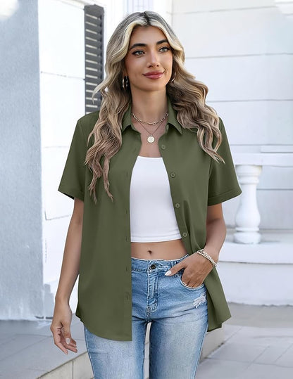 Zeagoo Button Down Shirts for Women Short Sleeve Collared Tops Dressy Casual V Neck Blouses