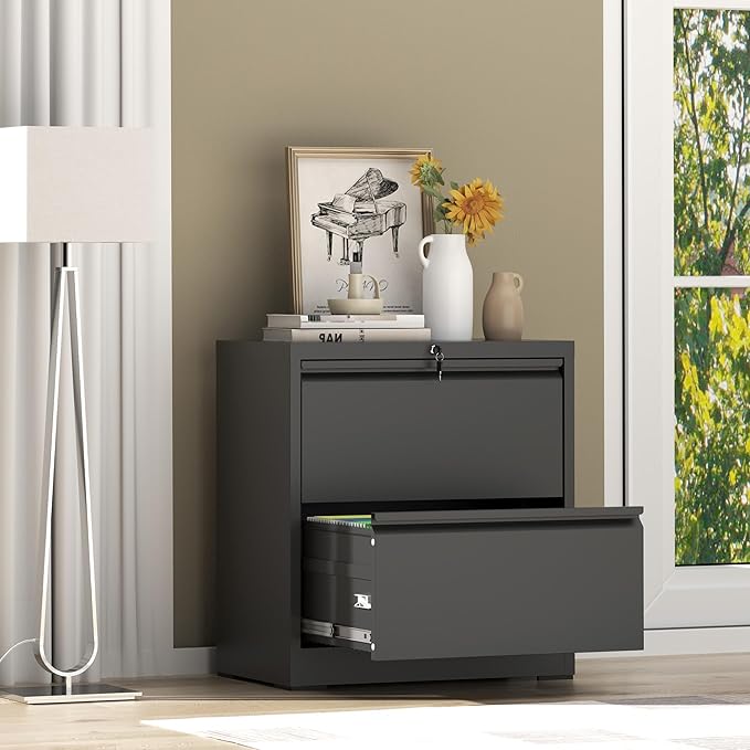 AQY 2 Drawer File Cabinet with Lock,Metal Lateral File Cabinets for Home Office,Steel Wide Filing Organization Storage Cabinets for Hanging Files Letter/Legal/F4/A4 Size,Assembly Required(Black)