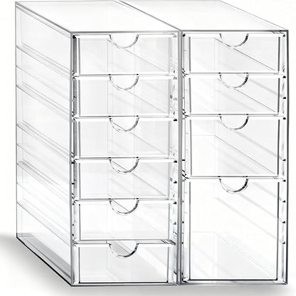 Prsildan Hair Accessories Organizer Acrylic Drawer with 10 Drawers | Clear, Craft Art Supply Storage, For Office Desk Bathroom Vanity Countertop, Set of 2