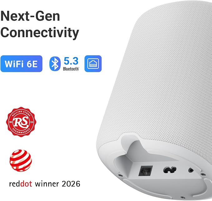 WiiM Sound Smart Speaker with 1.8″ Touch Display, Hi‑Res 24‑bit/192 kHz, AI RoomFit™ Room Correction, 100W Peak, Wi‑Fi 6E/Bluetooth 5.3, Multi‑Room & Stereo Pairing, Remote Included, White