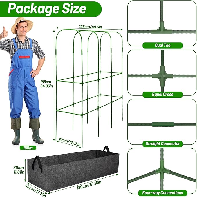 U-Shape Cucumber Trellis with Fabric Raised Garden Bed 65x50 Inch Metal Garden Arch Trellis with Net, Climbing Plants Vegetables Heavy-Duty Outdoor Plant Support for Pea, Grape, Squash, Tomatoes