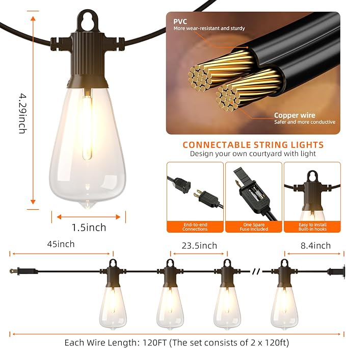 Kawaya 240FT String Lights for Outdoor Patio Waterproof LED Outside Lighting Commercial Grade 120+4 Bulbs Shatterproof Vintage String Lights for Outside Yard Balcony Bistro Porch Gazebo (120FTx2)