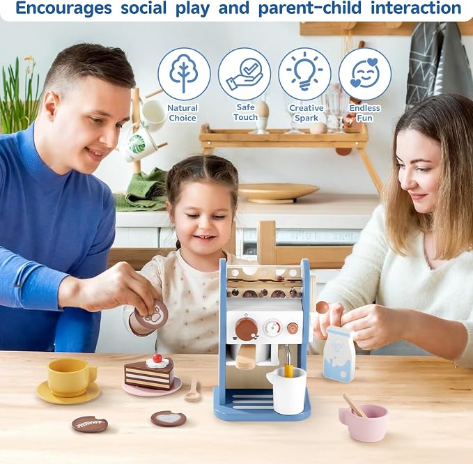 GAGAKU Wooden Coffee Machine Toy with Grinder，15 pcs Wood Play Kitchen Accessories for Kids Non-Toxic Pretend Play Barista Set Learning Gift for Toddlers Girls Boys Ages 3+