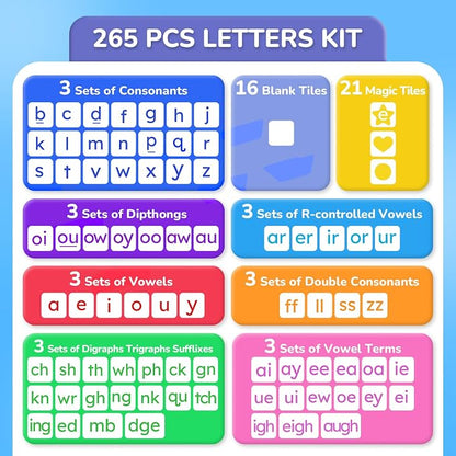 JoyCat 265 Phonics Magnetic Letter Tiles with 3 Word Folder - Hooked on Phonics Set Storage Case, Letter Sound Alphabet Letters, Preschool Pre k Classroom Materials