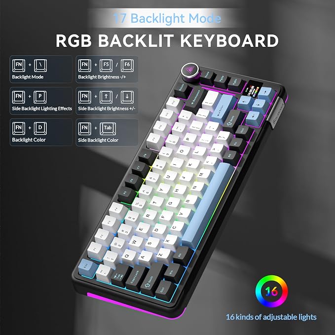 SOLAKAKA A75 PRO Black Gaming Keyboard 75% Wireless Mechanical with Screen and Knob, RGB Backlit Hot Swappable Gasket Pre-lubed PBT Keycaps for PC/Mac/Win