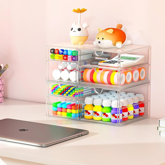 caktraie Acrylic 2-Pack 7-Drawer Makeup & Storage Organizer for Bath,Desk | Smooth-glide drawers, clear body, dustproof, wipe clean, for office supplies, pens, rings, earrings, tweezers, cotton swabs