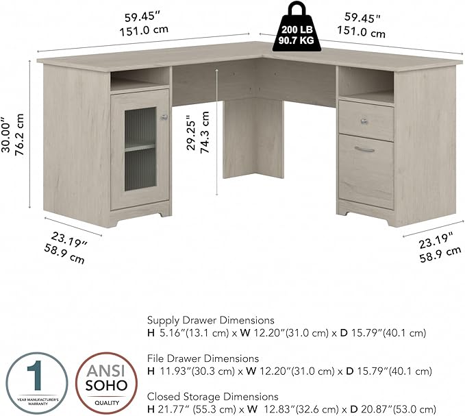 Bush Furniture Cabot 60W L Shaped Computer Desk with Storage in Linen White Oak