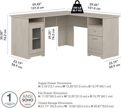 Bush Furniture Cabot 60W L Shaped Computer Desk with Storage in Linen White Oak