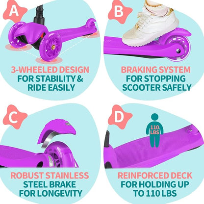 BELEEV A1 Scooter for Kids Ages 2-6, 3 Wheel Kick Scooter for Toddlers Girls Boys, Light up Wheels, Adjustable Height, Lean to Steer, Non-Slip Deck, Lightweight Push Scooter for Children