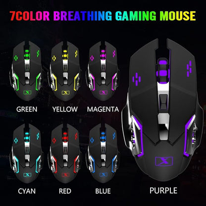 Wireless Gaming Keyboard and Mouse Combo,Rainbow LED Backlit Keyboard with Rechargeable 3800mAh Battery Metal Panel,Removable Wrist Rest Mechanical Feel and 7 Color Mute Gaming Mice for PC PS4 PS5