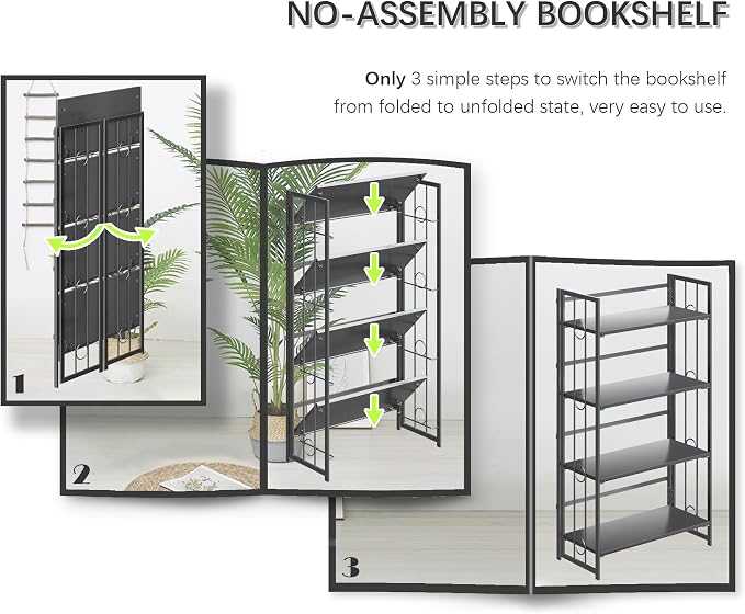 4NM No Assembly 4 Tiers Folding Bookshelf, 47.2" H Foldable Storage Shelves Vintage Bookcase Standing Racks Study Organizer Home Office - All Black