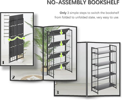 4NM No Assembly 4 Tiers Folding Bookshelf, 47.2" H Foldable Storage Shelves Vintage Bookcase Standing Racks Study Organizer Home Office - All Black