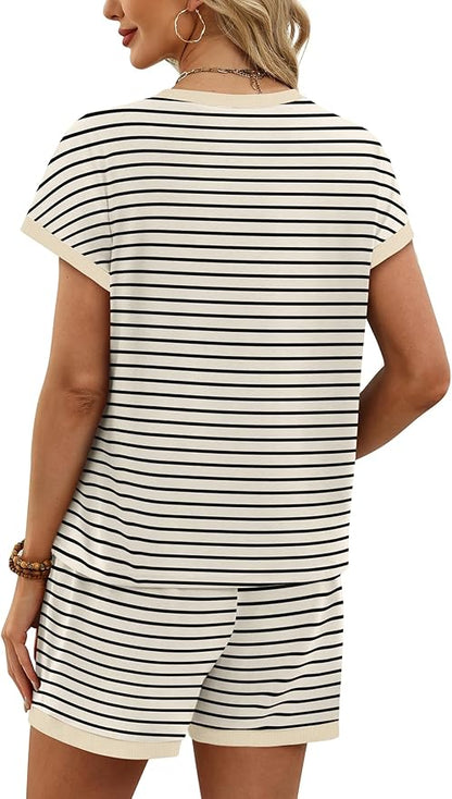 WIHOLL Two Piece Sets for Women Summer Lounge Short Sets Cap Sleeve Crew Neck Sweatsuit with Pocket XS-2XL