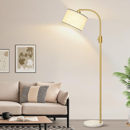 Nintiue Upgraded Modern Arc Dimmable Tall Standing Floor Lamp with Marble Base & Linen Shade, 1200 Lumens LED Bulb Included, for Living & Reading Room, Bedroom, Office & Nursery, Gold