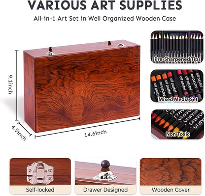 TMOL Art Supplies, 175-Pack Deluxe Art Set Drawing Painting Kit with 2 Drawing Pads, Acrylic Paints, Colored Pencils, Crayons, Art Kit in Wooden Case, Gift for Artist, Adults, Teens and Kids