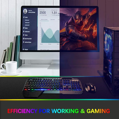 Wireless Gaming Keyboard and Mouse,Rainbow Backlit Rechargeable Keyboard Mouse with 3800mAh Battery Metal Panel,Removable Hand Rest Mechanical Feel Keyboard and 7 Color Gaming Mute Mice for PC Gamers