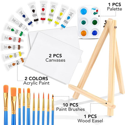 ESRICH 26 PCS Acrylic Paint Set with 12 Colors Acrylic Paints (12ml, 0.4 oz), 10 Paint Brushes, 2 Canvas, 1 Wood Easel, 1 Plate, Painting Supplies Kits for Kids, Adults, Artists and Beginners
