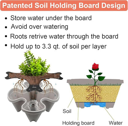 DUNCHATY Stackable Planter, Vertical Strawberry Planter with Garen Tool Set, Self Watering Garden Planter Indoor/Outdoor 7 Tier Herb Planter Pots for Growing Vegetables and Succulents, Gray