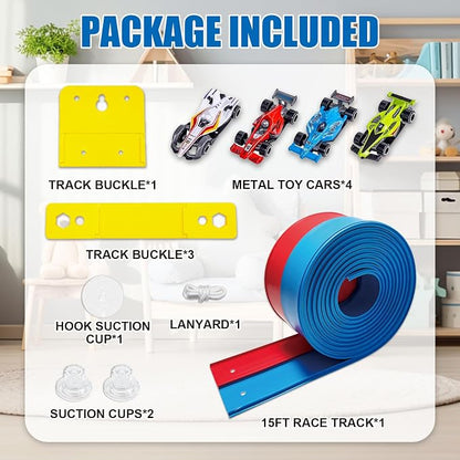 Flexible Race Track Toys for Kids, 15 Ft Double Lane Racetrack with 4 Cars & Suction Cups, Compatible with Hot Wheels & 1/64 Diecast Cars, Portable Roll Up Car Ramp Track Set for Ages 3+(Red & Blue)