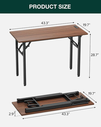 Frylr Small Folding Computer Desk – 43.3 Inch Portable Table for Craft and Study, Lightweight Desk for Small Spaces, Foldable Laptop Table Built-in AC/USB Outlets for Convenience, Dark Walnut