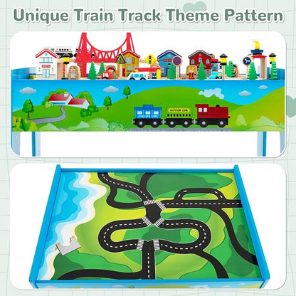 INFANS Train Table, 80 Pieces Wooden Kids Activity Toy Table Playset with Reversible Detachable Tabletop, Tracks, Train, Railway, City, Gift for Toddler Boys Girls Ages 3+ (32.5" x 23.5" x 16")