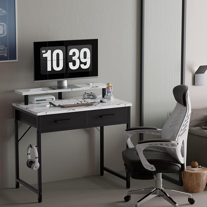 Pamray 32 Inch Small Computer Desk with Monitor Stand and 2 Drawers | Small Gaming Desk, for Bedroom Apartment and Dorm, for Study Work and Writing, Small Spaces, Sturdy, Easy Assembly