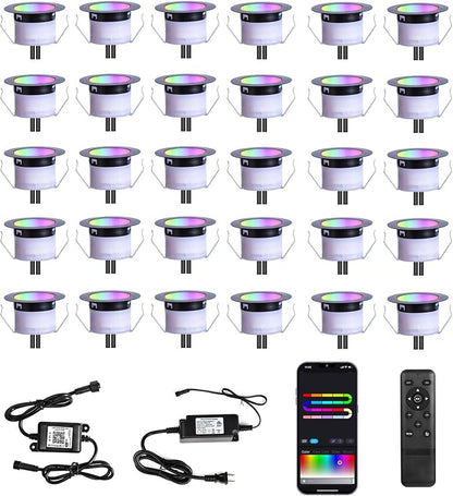 LED Deck Lights Kit, 30 Pack 1.77" Smart RGBW+IC Outdoor Lights | Low Voltage Recessed Deck & Step Lights | IP67 Waterproof Landscape Lighting for Stairs, Pool Deck & Garden | Works with Alexa/Google