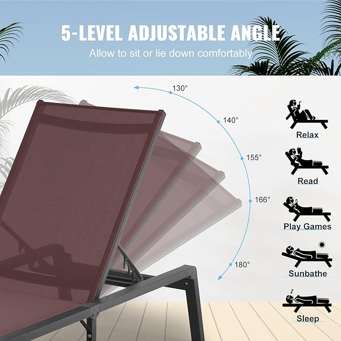 VEVOR 2 Pcs Chaise Lounge Chairs Outdoor, Aluminum Patio Lounge Chair with Adjustable 5-Position, Folding Pool Chairs Recliner and Full Flat Tanning Chair for Patio, Beach, Pool, Brown, 2 pcs