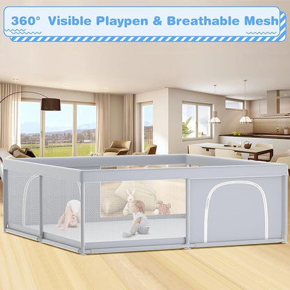 XVISHX Baby Playpen, 79 x 79 Inch Play Pen, Playpen for Babies and Toddlers, Baby Playard for Indoor & Outdoor Active Center Game Fence, with Skin-Friendly Fabric and Soft Breathable Mesh Grey