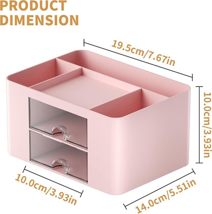 Marbrasse Pen Organizer with 2 Drawer, Multi-Functional Pencil Holder for Desk, Desk Organizers and Accessories with 5 Compartments + Drawer for Office Art Supplies (Pink)