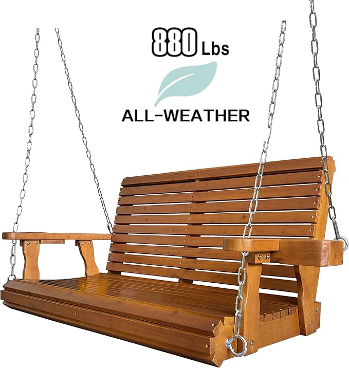 Wooden Porch Swing 2-Seater, High Backrest and Deep Seat, Bench Swing with Cupholders, Hanging Chains and 7mm Springs, Heavy Duty 880 LBS, for Outdoor Patio Garden (Cedar Tone - 4 FT Extra Large)