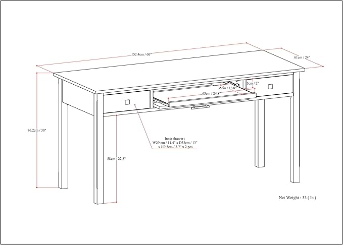 SIMPLIHOME Avalon SOLID WOOD Contemporary 60 Inch Wide Large Desk in Tobacco Brown, For the Office Desk, Writing Table, Workstation and Study Table