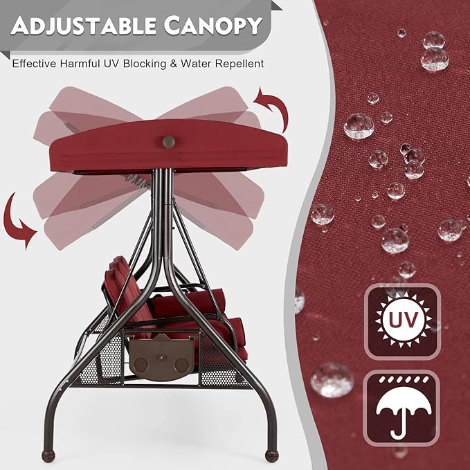 HOMREST 3 Seat Outdoor Porch Swing with Adjustable Canopy, Convertible Patio Swing Bed with Stand, Patio Glider Swing with Upgraded Cup Holder, Thicken Cushions ＆ Pillow for Backyard (Wine Red)