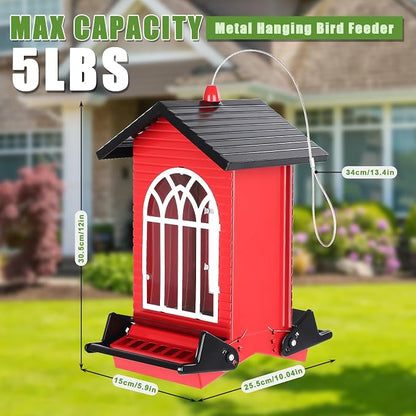 Gbekery Squirrel Proof Bird Feeder for Outdoors,5LB Large Capacity,Metal Wild Bird Seed Feeder with Bilateral Weight-Activated Perches for Outside Hanging,Finch,Cardinal,Blue Jay,Garden Decoration,Red