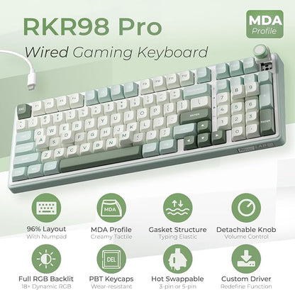 RK ROYAL KLUDGE R98 Pro Wired Mechanical Keyboard, RGB PC Gaming Keyboard with Number Pad and Volume Knob, Gasket Mount, MDA Profile PBT Keycaps, for Win/Mac, Hot Swappable Linear Cream Switch