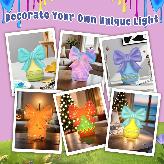 ASIOWELY Paint Your Own Ribbon Bow Lamp Kits,Arts and Crafts Supplies for Kids Toys Ages 4-6-8-12,DIY Art Night Light Painting for Girls Ages 5-10,Birthday Gifts for 3-12+ Year Old Toddler Teens Adult
