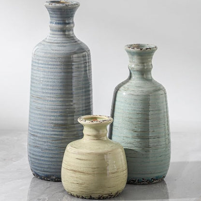 Ceramic Vase Set of 3, Rustic Neutral Vases Home Decor Farmhouse Decorative Flower Vase Modern Boho Pampass Vases for Table Mantel Entryway Shelf Living Room Kitchen Bathroom - Multicolor