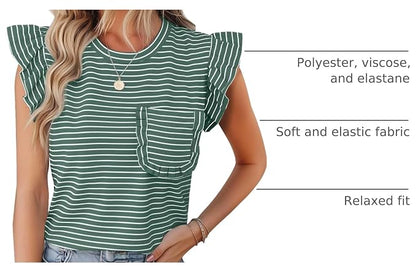 JUSTFASHIONNOW Womens Summer Tops Striped T-Shirts 2026 Ruffle Short Sleeve Crew Neck Casual Blouses with Pocket