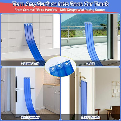 3-Lane Flexible Race Track Toy Set - 16.4 Ft DIY Racetrack with Strong Suction Cups, Portable Roll-Up Car Track for Kids Compatible with 1/64 Diecast Cars