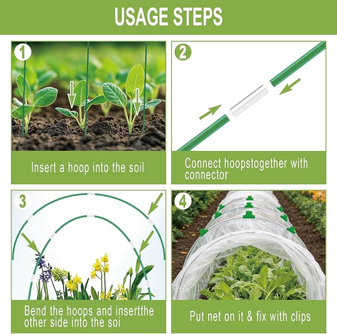 60PCS Garden Hoops for Raised Beds, 8FT Rust-Free Fiberglass Greenhouse Hoops, DIY Frame Stake to Create Grow Tunnels, Plant Support Row Covers & Garden Netting, 40Pcs Clips