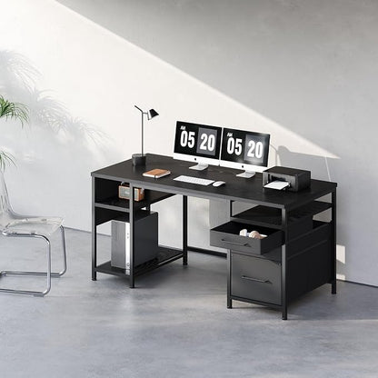 Maihail Small Desk with Drawers, Office Desk with Storage Shelves, Black | 59 Inch Desktop, Metal Frame, 3 Fabric Drawers, Storage Shelves, Computer & Writing Desk, Office Gaming Workstation