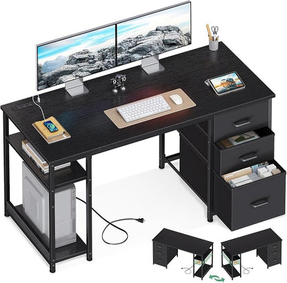 AODK 51 Inch Computer Desk with Drawers & USB Power Outlets | Reversible Home Office Desk with Storage Shelves, Work from Home, Modern Work/Writing/Study Table for Bedroom, Black