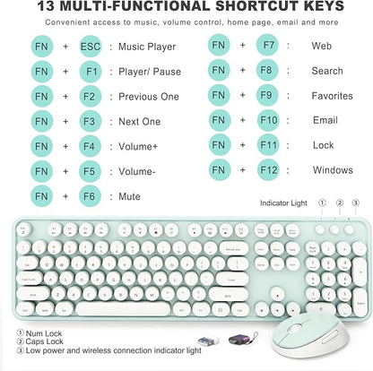 Wireless Keyboard and Mouse Combo, Ergonomic Full Size Typewriter Retro Round Keycaps Keyboard, Compatible with Windows, PC, Perfer for Home and Office Keyboards（Green）
