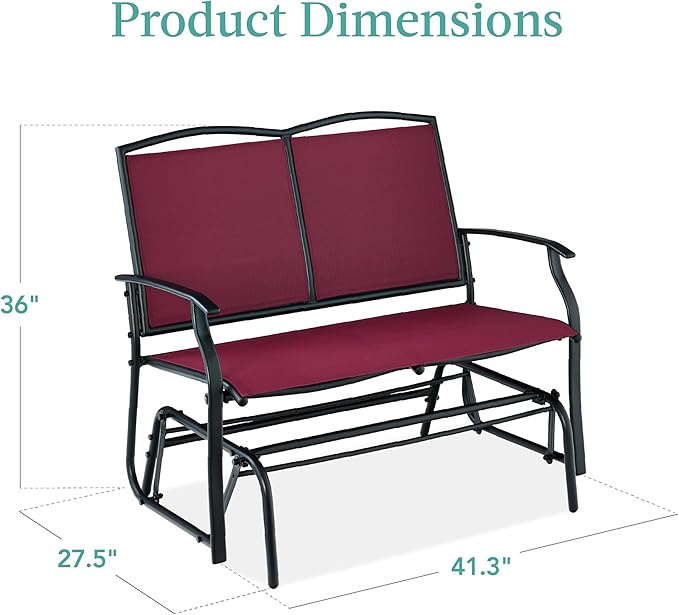 Best Choice Products 2-Person Outdoor Patio Swing Glider Steel Bench Loveseat Rocker for Deck, Porch w/Textilene Fabric, Steel Frame - Burgundy/Black