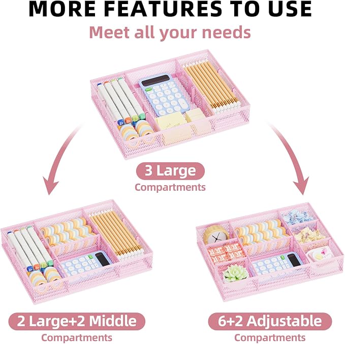 Marbrasse 2 Pack Desk Drawer Organizer, Mesh Drawer Organizer Tray with 8 Adjustable Compartments, Desk Organizers and Accessories, 5 Dividers Drawer for Office Supplies, Makeup & Vanity (Pink)