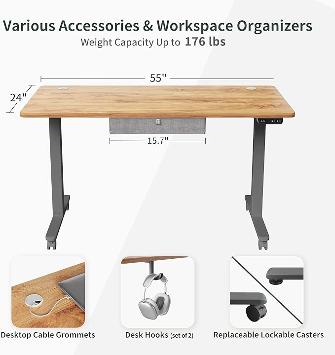 FEZIBO Standing Desk with Drawer, 55 x 24 Inches Adjustable Height Electric Stand up Desk with Storage, Sit Stand Home Office Desk, Light Rustic/Grey Frame
