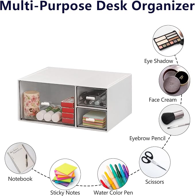 Desk Organizer Stackable Storage Drawers with 3 Compartments Stackable Drawers Great for Desk Storage, Makeup Storage Bathroom Organization Accessories Etc (White)