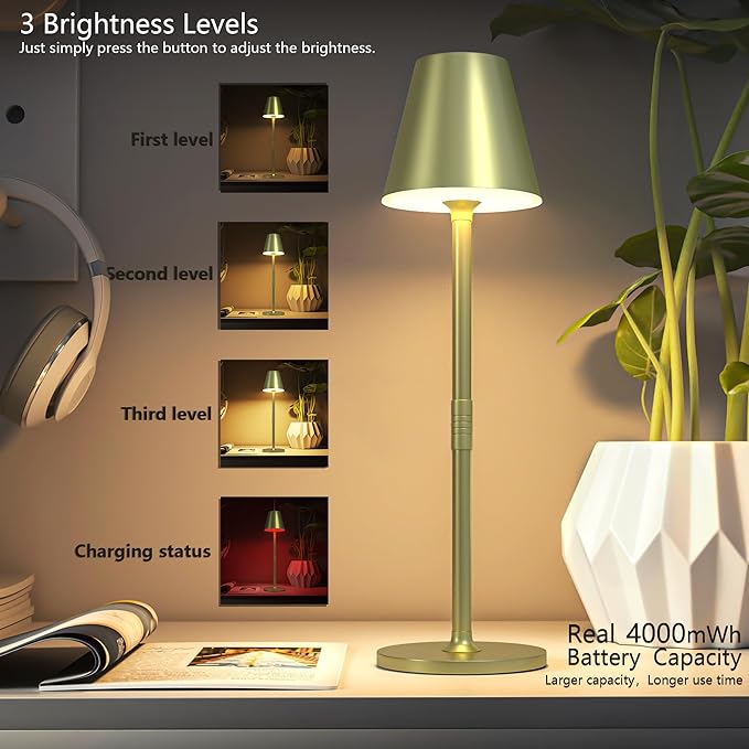 LED CordlessTable Lamp,4000mAh Rechargeable Battery Desk lamp,3 Level Brightness Night Light, Simple Design, for Couple Dinner/Coffee Table/Restaurant/Bedroom(Champagne gold 4Pack)